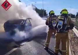 Los Bomberos de Torrevieja apagan el vehículo incendiado.