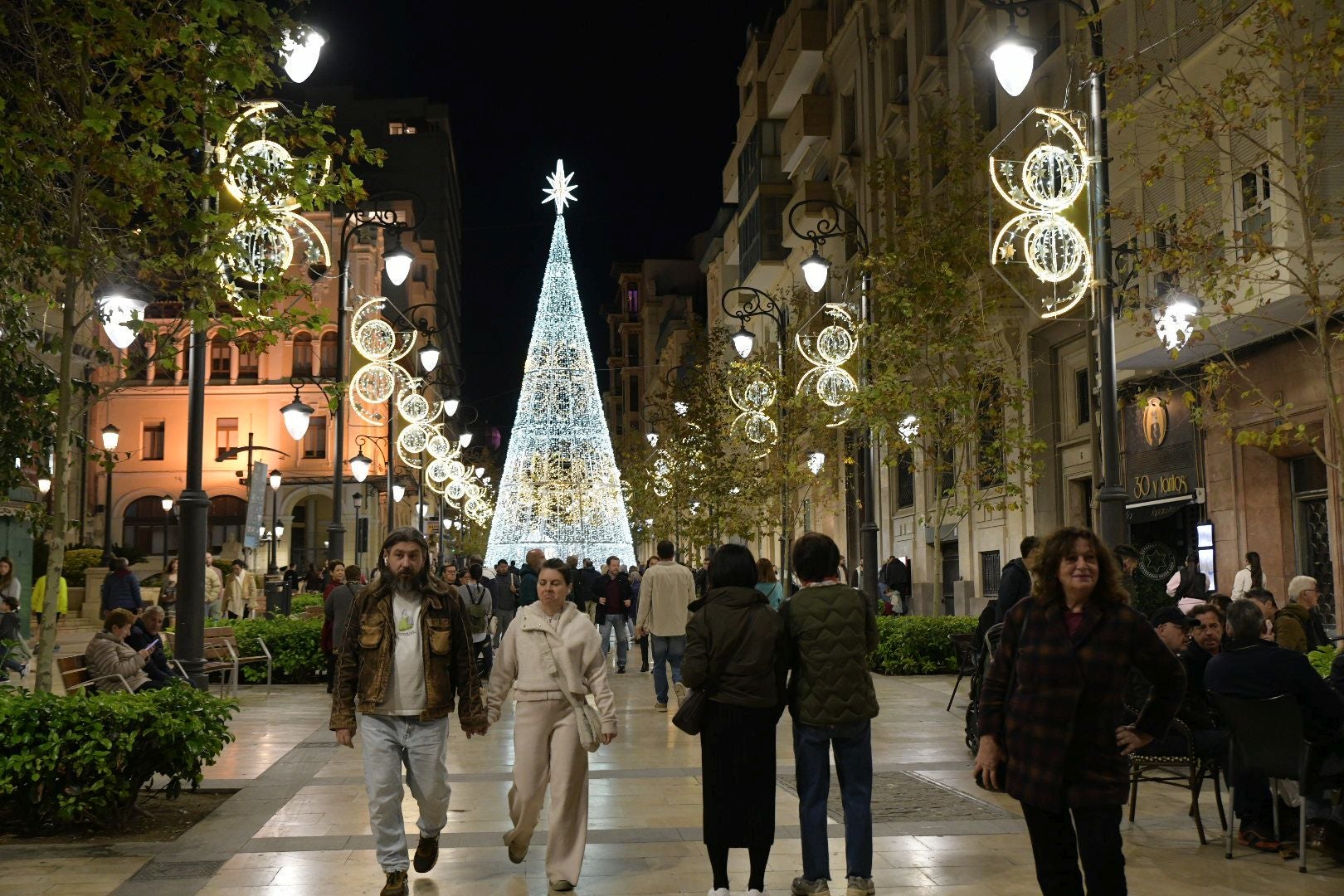 Árbol gigante de la Navidad y luces en la avenida de la Constitución.